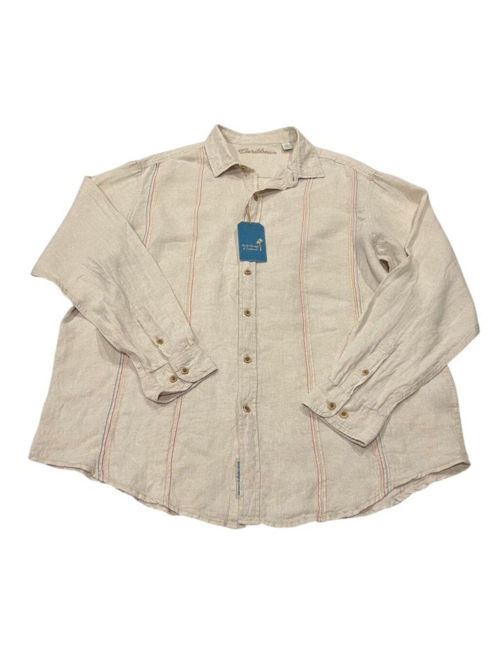 Caribbean Guayabera Linen Button Shirt, Beige, NWT, XL